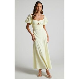 {Showpo} Vynna Midi Dress - Scoop Neck Puff Sleeve Ruched Dress in Butter Yellow